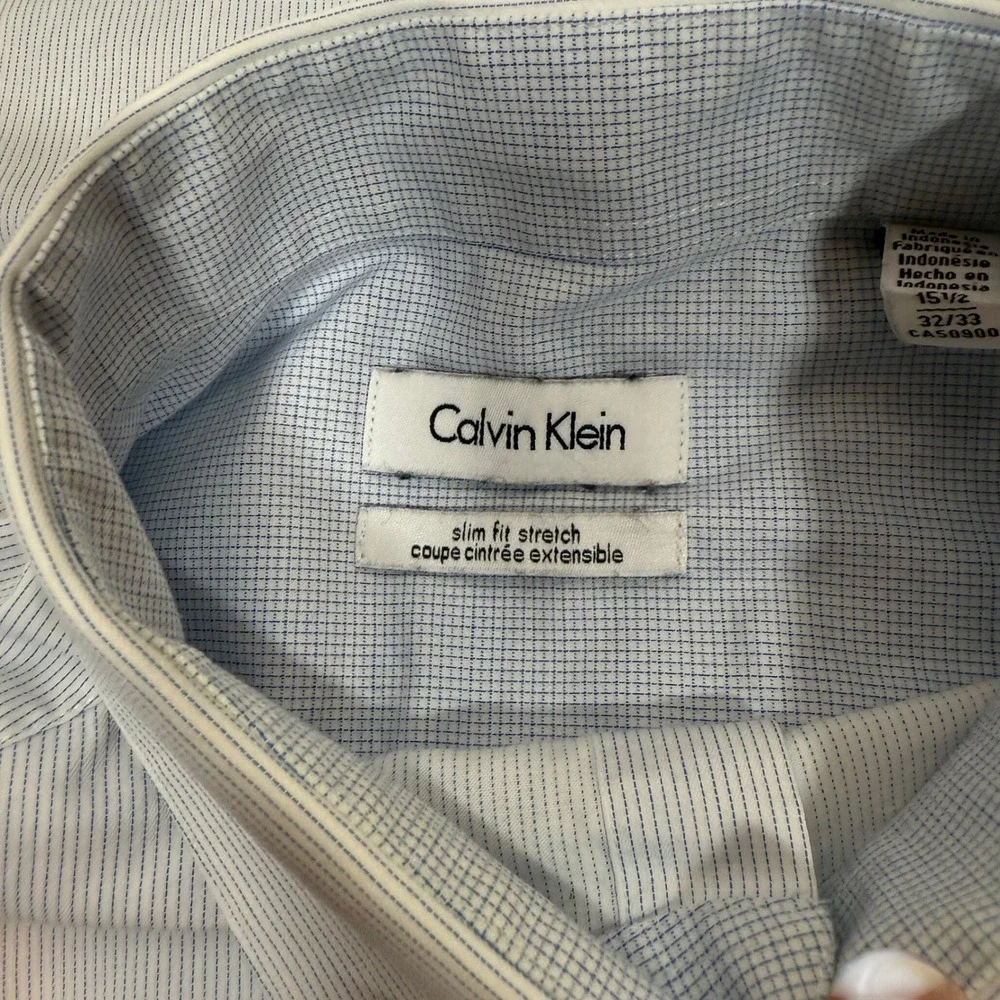 Calvin Klein Slim Fit Stretch Dress Shirt Blue Pinstripe Men's Size 15 1/2 32/33
